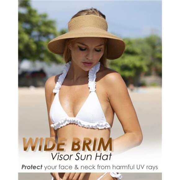 Sun Visor Hats for Women Wide Brim Straw Roll-Up Ponytail Summer Beach Hat - Picture 4 of 7